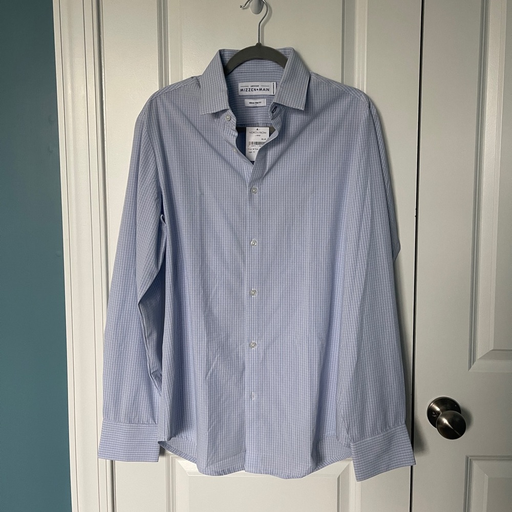 Mizzen + Main Blue Check Medium Trim Fit Dress Shirt NWT